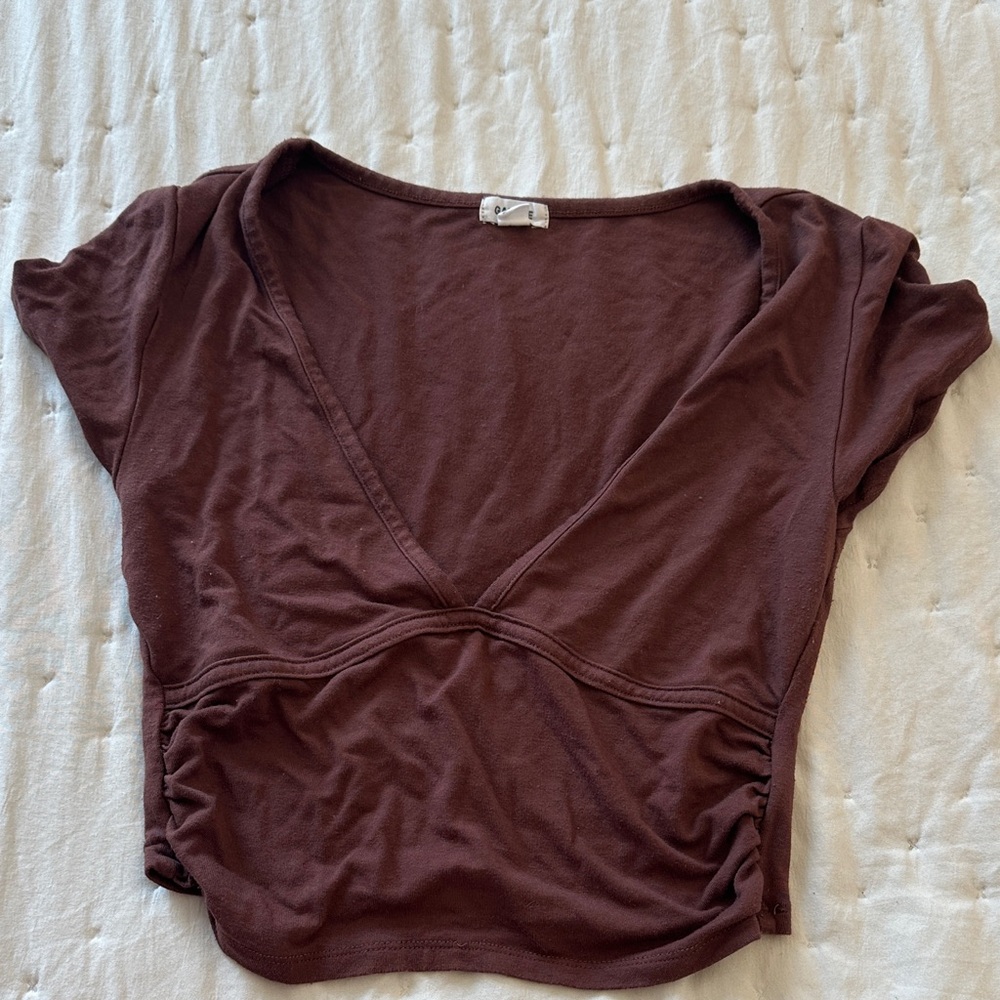 Brown V-Neck Short Sleeve Crop Top